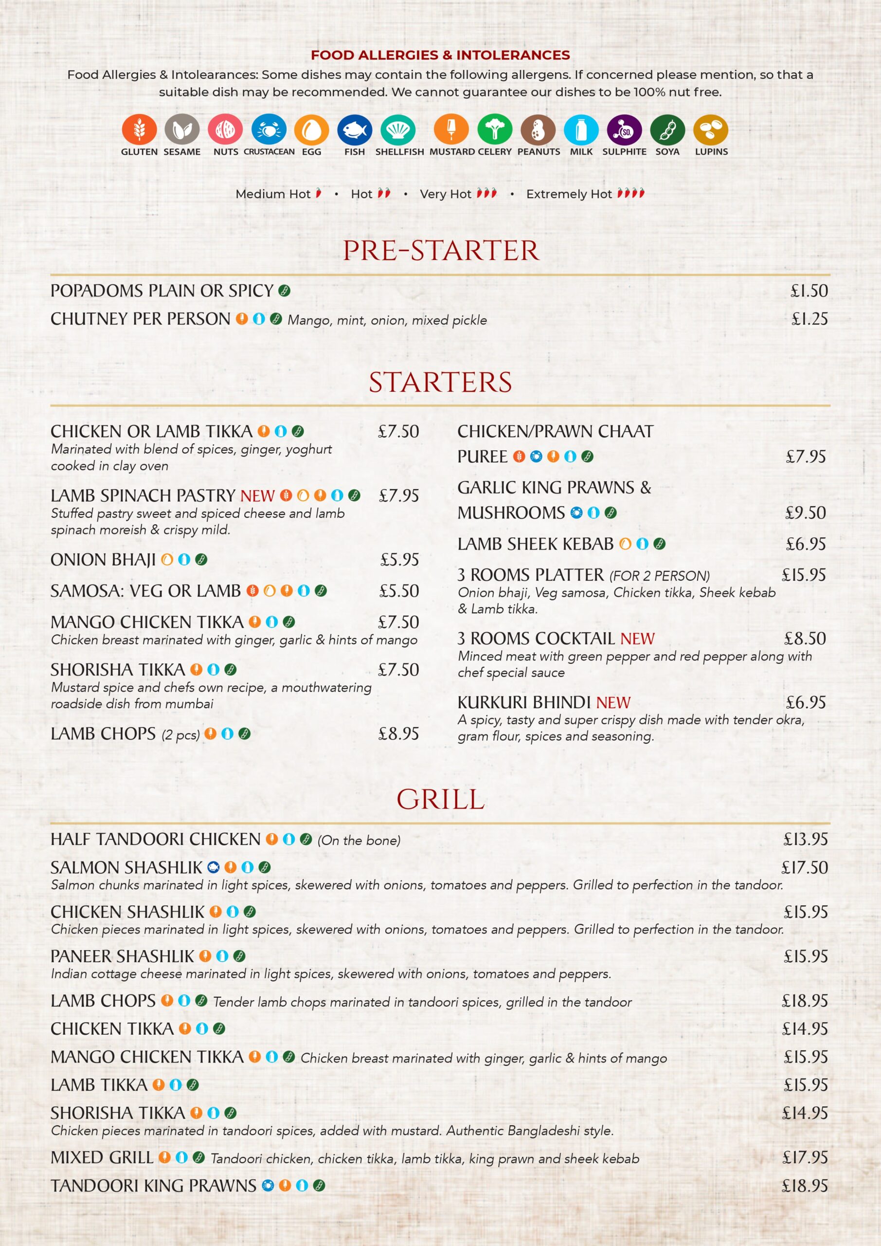 Menu page 1: pre-starter, starters and grill