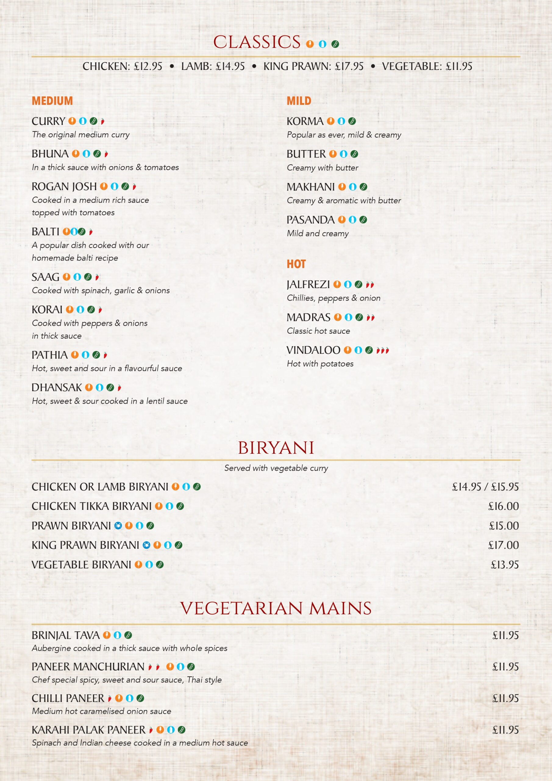Menu page 3: classics, biryani and vegetarian mains