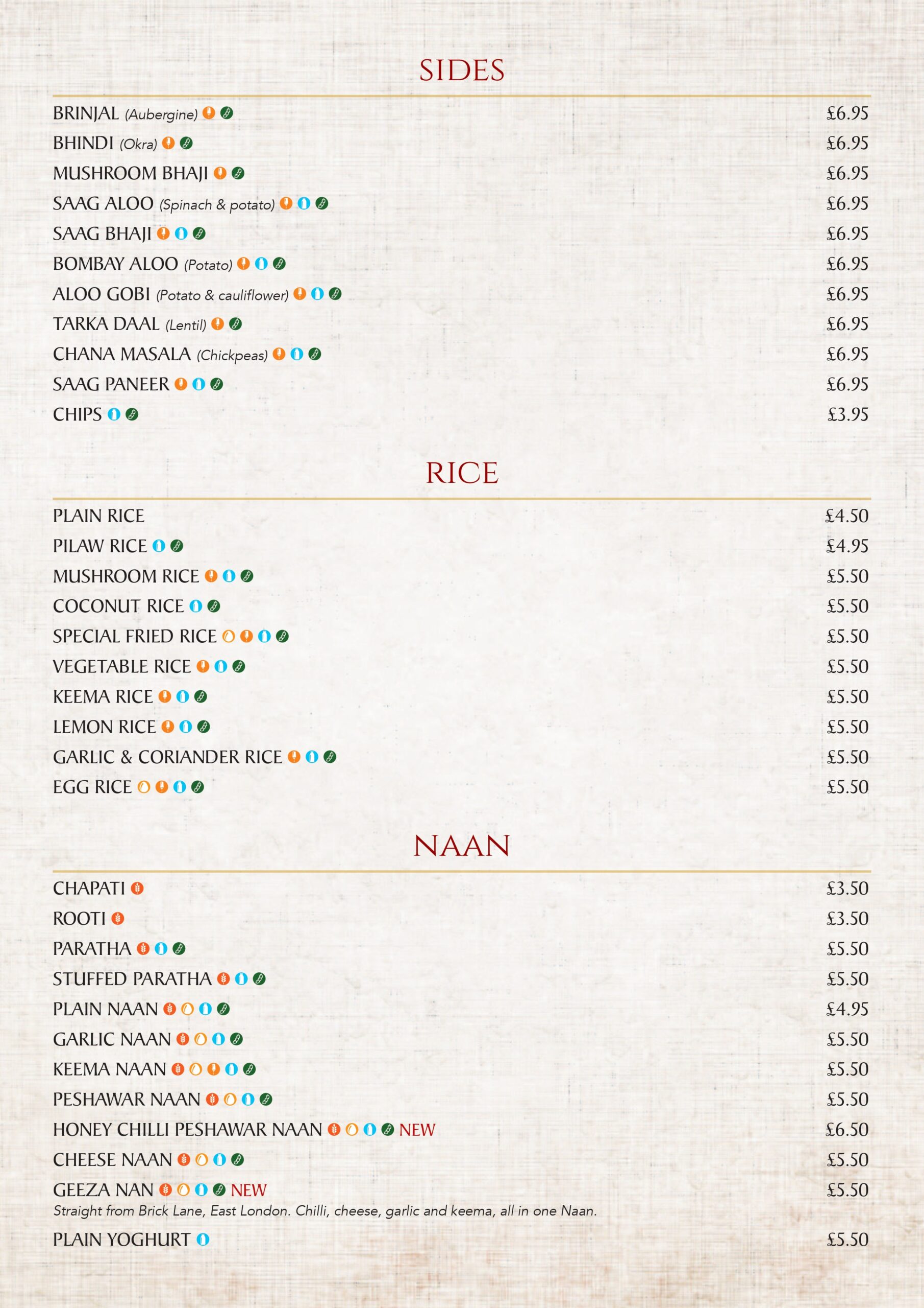 Menu page 4: sides, rice and naan